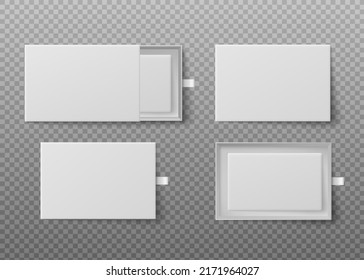 White Box slider, mockup set on transparent background vector illustration. Gift packaging template, open presentation view. Carton or paper drawer, slide box svg