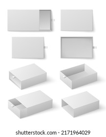 White Box slider, mockup set on white background vector illustration. Gift packaging template, open presentation view. Carton or paper drawer, slide box svg