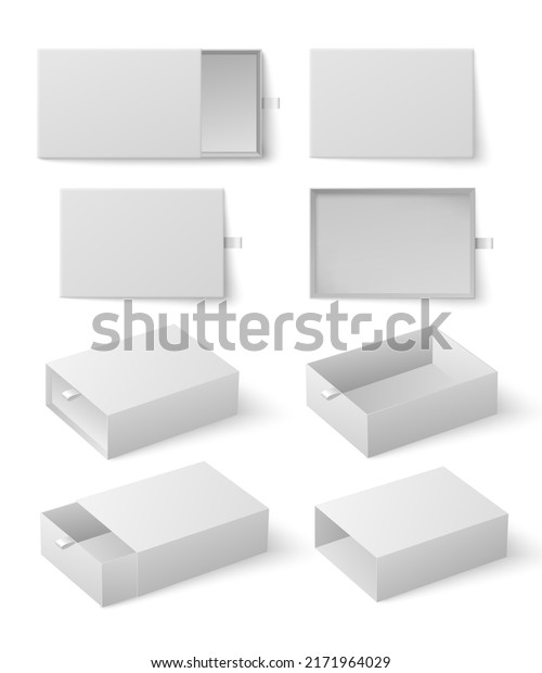 White Box slider, mockup set on white\
background vector illustration. Gift packaging template, open\
presentation view. Carton or paper drawer, slide\
box