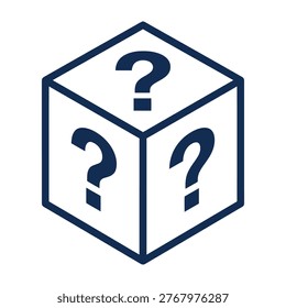 A white box with three question marks on its sides, symbolizing unknown or puzzling situations. Ideal for use in educational materials, puzzles, or thought-provoking presentations.
