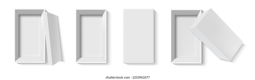 White box top view. White cardboard package box template. Realistic open and closed box mockup isolated on white background. Empty box vector