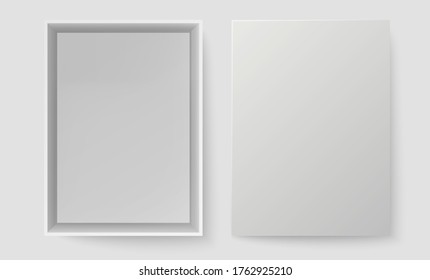 White box top view. Open pack box mock up. Empty blank realistic open cardboard paper box. Vector
