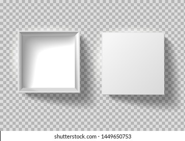 White box vector illustration of realistic 3D cardboard or carton paper square empty package with open cap. Top view isolated mockup model on transparent background