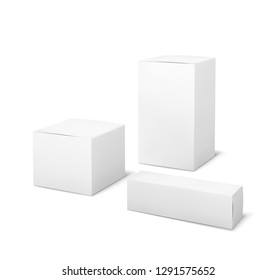 White boxes. Blank package medical and cosmetics box 3d products paper packaging cartons isolated vector mockup set