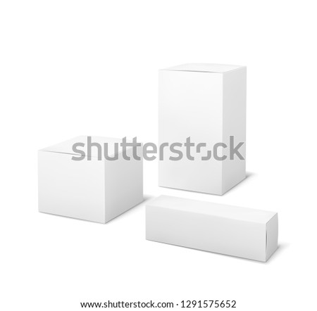 White boxes. Blank package medical and cosmetics box 3d products paper packaging cartons isolated vector mockup set