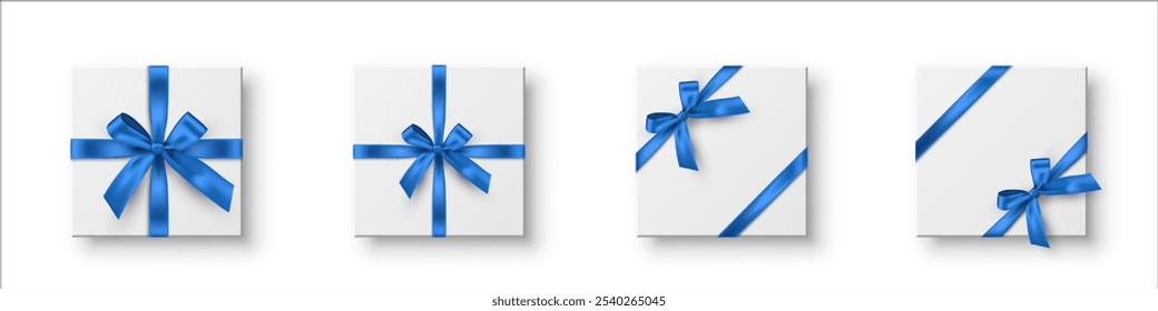 White boxes with blue ribbons and bow. Blue wrapping decorations on transparent background. Collection of gift box decoration. Realistic 3d vector illustration set.