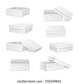 White boxes collection. Square box set. Open and closed presents. Cardboard packaging in front, top, side view. Realistic 3d isometric templates, package and container. Vector isolated mockups. 