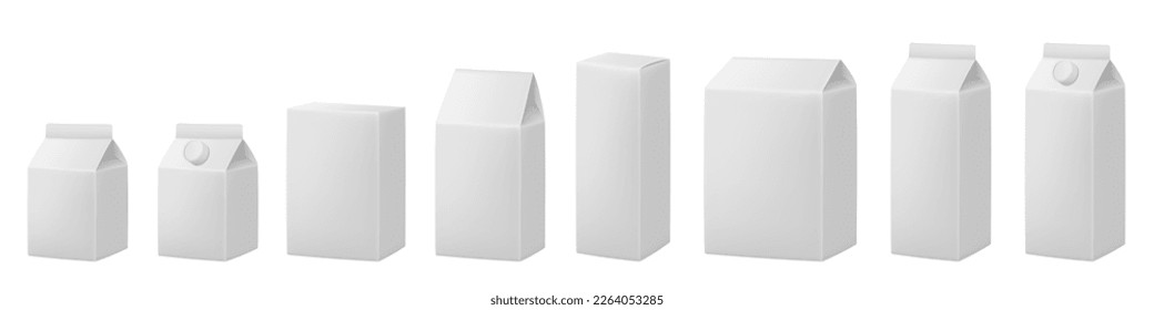 White boxes for dairy products. Blank cardboard package boxes mockup. Box set. Set of juice or milk cardboard package. Vector mockup set. Realistic carton package with cap. 