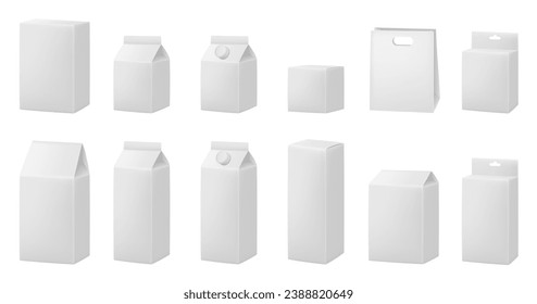 White boxes for dairy products. Blank cardboard package boxes mockup. Box set. Set of juice or milk cardboard package. Vector mockup set. Realistic carton package with cap. Hanging hole. Shopping bag