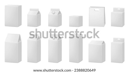White boxes for dairy products. Blank cardboard package boxes mockup. Box set. Set of juice or milk cardboard package. Vector mockup set. Realistic carton package with cap. Hanging hole. Shopping bag