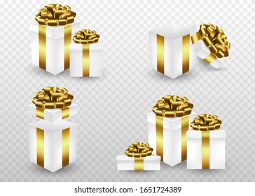 Cajas blancas con cinta dorada y arco de estilo realista. Ilustración del vector EPS10
