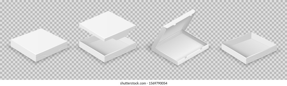 White boxes. Open packaging set. Vector realistic boxes with lids isolated on transparent background