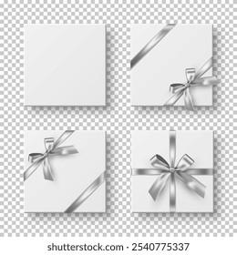 White boxes with silver ribbons and bow. Silver wrapping decorations on transparent background. Collection of gift box decoration. Realistic 3d vector illustration set,