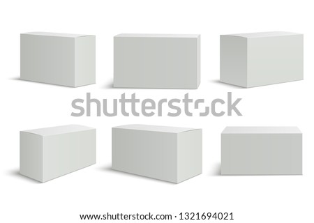 White boxes templates. Blank medical box 3d isolated paper packaging. Rectangle carton package vector mockup set