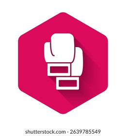 White Boxing glove icon isolated with long shadow background. Pink hexagon button. Vector