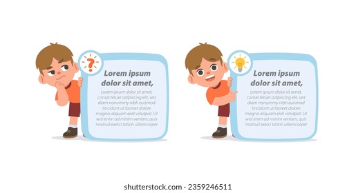 diseño de dibujos animados de personajes blancos con cuadro de texto de pregunta e idea para vector de ilustración de mensaje. Concepto de educación.