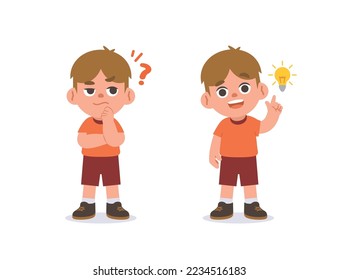 The white boy was confused, wondered, had a problem, and tried to answer and The girl figured out the answer to the problem. illustration cartoon character vector design on white background.