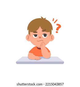 a white boy in doubt or have a question on the desk, illustration cartoon character vector design on white background. kid and education concept.