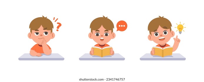 a white boy in doubt or have a question, reading the book, get an idea on the desk, study set. illustration cartoon character vector design on white background. kid and education concept.