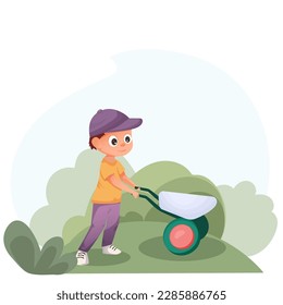 weißer Junge mit Gartenkahn, der im Gartenfrühlingshobby arbeitet, Aktivitäten im Freien. Vektorgrafik, Cartoon-Stil.