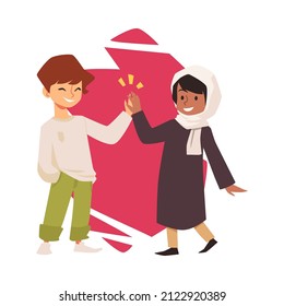 White boy gives high five to muslim girl wearing hijab, cartoon vector illustration. Kids of different nationalities and culture heritage greet each other, showing their friendship.