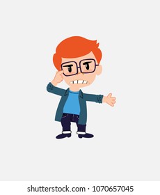 White boy with glasses, is angry and points his head with his index finger.																									