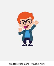 White boy with glasses cheering enthusiastically.																									