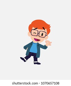White boy with glasses doing the OK sign with his hand.																									
