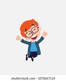 White boy with glasses jumping for joy.																									