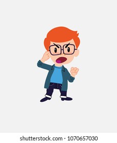 White boy with glasses screams angry in aggressive attitude.																									