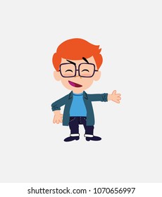 White boy with glasses showing something in an optimistic and positive attitude.																									