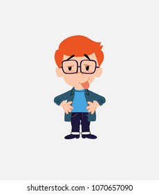 White boy with glasses in waiting attitude with funny expression.																									