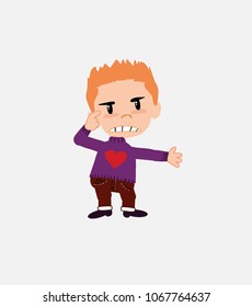 White boy with a heart pullover, is angry and points his head with his index finger.																									