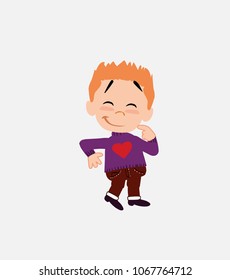 White boy with a heart pullover with funny expression.																									