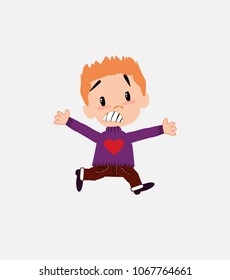White boy with a heart pullover running terrified.																									