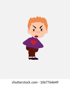 White boy with a heart pullover is slightly angry.																									