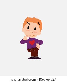White boy with a heart pullover thoughtful and happy.																									