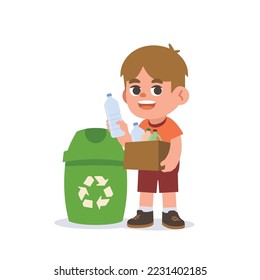 un niño blanco sostiene una caja de botellas de plástico con un cubo de basura para reciclar. ilustración caricatura de diseño vectorial sobre fondo blanco.
