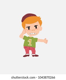 White boy in jeans, is angry and points his head with his index finger.
