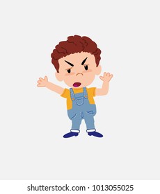 White boy in jeans argues something with a gesture of discontent.																									
