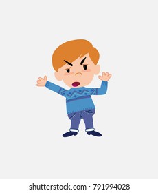 White boy in jeans argues something with a gesture of discontent.																									