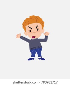 White boy in jeans argues something with a gesture of discontent.