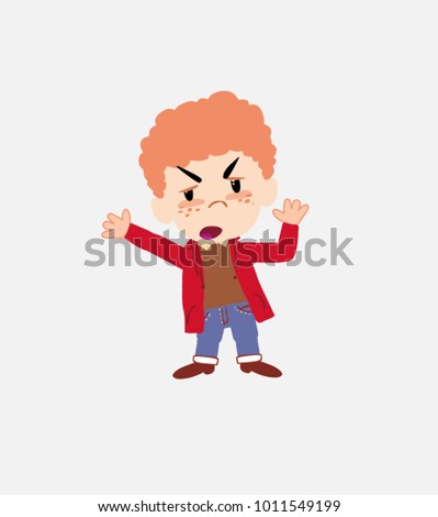 White boy in jeans argues something with a gesture of discontent.																									