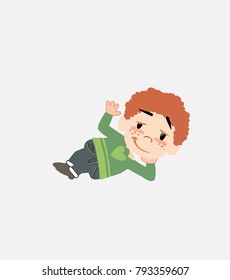 White boy in jeans lying, greets with a dreamy expression.																									