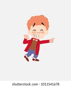 White boy in jeans pointing to something funny on his left.																									
