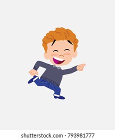 White boy in jeans running smiling.																									