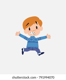 White boy in jeans running terrified.																									