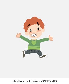 White boy in jeans running terrified.																									