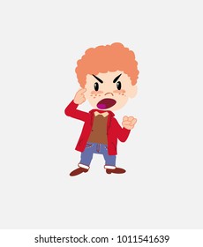 White boy in jeans screams angry in aggressive attitude.																									