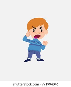 White boy in jeans screams angry in aggressive attitude.																									